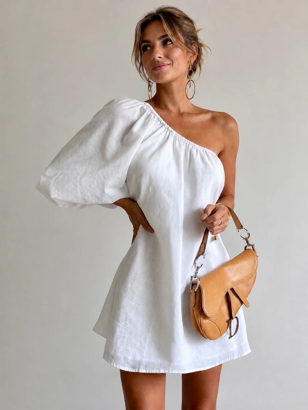 Commense Aegean Cotton Linen One Sleeve Short Dress